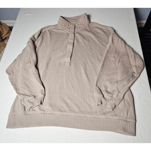 aerie Tops - Aerie Tan Beige Quilted Mock Neck Quarter Snap Fleece Sweatshirt Large